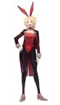  1girl absurdres alternate_costume animal_ears black_legwear blonde_hair breasts bunny_ears fake_animal_ears fate/grand_order fate_(series) full_body gloves green_eyes highres jacket leotard long_sleeves mordred_(fate) mordred_(fate)_(all) no-kan open_clothes open_jacket pantyhose ponytail red_jacket red_leotard small_breasts solo standing white_gloves 