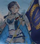  1girl absurdres bangs belt black_hair blue_belt blue_legwear blue_sky blush braid breasts cape cleavage cloud collared_cape commentary_request cowboy_shot dawn detached_collar earrings flag french_braid gloves hayami_kanade highres holding holding_flag idolmaster idolmaster_cinderella_girls idolmaster_cinderella_girls_starlight_stage jewelry large_breasts looking_at_viewer midriff navel necktie official_alternate_costume outdoors parted_bangs parted_lips ribbon_braid shirt short_hair short_shorts shorts shougun_(chuckni1) sidelocks sky sleeveless sleeveless_shirt smile solo standing striped striped_legwear striped_shirt thighhighs white_cape white_gloves white_neckwear white_shorts yellow_eyes 