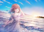  1girl :d arm_up bangs bare_shoulders blue_eyes blue_sky brown_hair cloud collarbone commentary_request day dress eyebrows_visible_through_hair flower hair_flower hair_ornament highres long_hair looking_away niwako ocean off_shoulder open_mouth original outdoors puffy_short_sleeves puffy_sleeves short_sleeves sky smile solo tank_top water waves white_dress white_flower white_tank_top 
