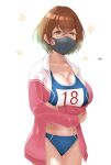  1girl absurdres bangs breasts brown_eyes brown_hair cleavage commentary_request hair_between_eyes highres island_lagoon jacket large_breasts mask mouth_mask original pink_jacket short_hair sports_bra sweat track_jacket track_uniform white_background 