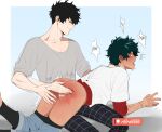  2boys artist_name ass black_hair black_pants boku_no_hero_academia clothes_pull collarbone freckles green_hair grey_shirt highres layered_sleeves long_sleeves looking_at_another lying male_focus midoriya_izuku multiple_boys on_lap open_mouth pants pants_pull patreon_username red_shirt riffraffhellyea saliva shindou_you shirt short_hair short_over_long_sleeves short_sleeves sitting slapping sleeves_pushed_up smile spanking tongue white_shirt yaoi 