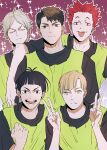  5boys arm_on_shoulder black_hair black_shirt blonde_hair brown_hair clenched_hand closed_eyes closed_mouth expressionless eyebrows goshiki_tsutomu grey_hair grin haikyuu!! hands_up looking_at_viewer male_focus multiple_boys open_mouth red_hair semi_eita shirabu_kenjirou shirt short_hair smile starry_background sweatdrop tendou_satori ummm_mmma ushijima_wakatoshi v 