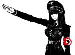 1girl belt_buckle black_eyes black_hair breasts buckle copyright_request hat large_breasts looking_at_viewer medal military military_uniform nazi nazi_party_pin necktie oekaki peaked_cap salute simple_background slice_pork straight-arm_salute straight_hair swastika uniform white_background 