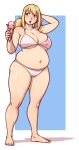  1girl arms_behind_back barefoot better-with-salt bikini blonde_hair breasts brown_eyes eyebrows_visible_through_hair fairy_tail fat food full_body hair_between_eyes highres holding holding_food ice_cream large_breasts long_legs lucy_heartfilia navel plump simple_background solo sweatdrop swimsuit thick_thighs thighs twintails weight_gain white_background white_bikini wide_hips 