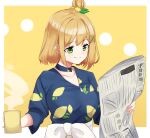  1girl bangs blue_shirt blush bow breasts collarbone cup eyebrows_visible_through_hair food-themed_hair_ornament green_eyes hair_behind_ear hair_bun hair_ornament highres holding holding_cup holding_newspaper large_breasts lemon_hair_ornament newspaper orange_hair pocchari reading satsuki_lemon shirt short_hair smile solo virtual_kouhou_taishi_project virtual_youtuber white_bow 