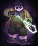  2021 absurd_res anthro aotoaka belly big_belly black_body black_fur black_hair black_nose bottomwear clothing footwear fur giant_panda green_eyes hair hi_res humanoid_hands kemono looking_at_viewer magic male mammal overweight overweight_anthro overweight_male pants sandals solo ursid weapon white_body white_fur 