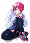  1boy a3! bangs cherry_blossoms collared_shirt denim flower flower_on_head full_body hands_on_own_knee head_on_knee highres hood hoodie jeans looking_at_viewer male_focus pants petals pink_eyes pink_footwear pink_hair plaid sakuma_sakuya shirt shoco_(sco_labo) shoes short_hair sitting smile sneakers solo swept_bangs 