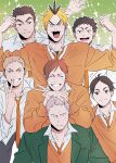  6+boys aone_takanobu arm_up black_hair blazer blonde_hair brown_hair clenched_hands closed_eyes closed_mouth collared_shirt excited eyebrows facing_viewer futakuchi_kenji haikyuu!! hands_up jacket kamasaki_yasushi koganegawa_kanji looking_at_viewer male_focus moniwa_kaname multiple_boys necktie orange_neckwear sakunami_kousuke sasaya_takehito school_uniform shirt short_hair silver_hair smile starry_background sweater teeth tongue ummm_mmma v white_shirt 