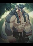  2021 abs absurd_res anthro biceps blood bodily_fluids bottomwear canid canine canis clothing detailed_background fdj fur gloves hair handwear hi_res long_hair male mammal multicolored_body muscular muscular_anthro muscular_male nipples pecs solo wolf 