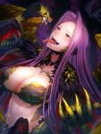  1girl bangs bare_shoulders black_shirt breasts bustier claws cleavage fate/grand_order fate_(series) forehead fujimaru_ritsuka_(female) giant giantess gorgon_(fate) highres large_breasts long_hair long_tongue minami_koyogi monster_girl navel open_mouth orange_hair parted_bangs purple_eyes purple_hair scales scarf shirt shorts sidelocks size_difference snake_hair teeth tongue tongue_out true_ether_chaldea_uniform very_long_hair white_shorts wings yellow_scarf 