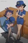  2boys antenna_hair ash_ketchum belt belt_buckle black_belt black_footwear black_hair blue_eyes blue_headwear blue_skirt breast_pocket buckle chair closed_mouth collared_shirt commentary_request cosplay crossdressing crossed_legs desk goh_(pokemon) hair_ornament hat hat_removed headwear_removed highres holding holding_clothes holding_hat jenny_(pokemon) jenny_(pokemon)_(cosplay) knees male_focus matsuno_opa multiple_boys pantyhose pocket pokemon pokemon_(anime) pokemon_swsh_(anime) police police_uniform shirt shoes short_sleeves sitting skirt smile twitter_username uniform 