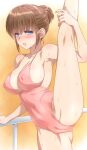  1girl arm_support bangs blue_eyes blush breasts brown_hair cameltoe cleavage covered_navel covered_nipples cowboy_shot eyebrows_visible_through_hair frown kuroda_akimi large_breasts leg_hold leg_up leotard lips looking_at_viewer original parted_lips pink_leotard railing short_hair short_ponytail solo split standing standing_on_one_leg standing_split sweat 