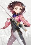  1girl black_vest blue_neckwear breasts brown_eyes brown_hair collared_shirt cropped_jacket dual_wielding floating_hair galibo highres holding holding_sword holding_weapon jacket katana looking_up medium_breasts pants pink_jacket sakura_kakumei sakura_shino sakura_taisen shirt short_bangs short_hair solo sword vest weapon white_pants white_shirt 