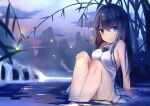  1girl bangs bare_shoulders blue_eyes blurry blurry_background blush breasts bush closed_mouth cloud dress eyebrows_visible_through_hair hair_between_eyes hand_on_own_knee ikada_sora knees_up long_hair looking_at_viewer messy_hair original partially_submerged purple_hair sideboob sidelocks sitting sky sleeveless smile solo thighs tree_branch water white_dress 