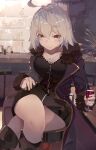  1girl absurdres ahoge bangs black_coat black_dress breasts coat collarbone dress fate/grand_order fate_(series) fur-trimmed_coat fur_trim grey_background grey_hair highres jeanne_d&#039;arc_(alter)_(fate) jeanne_d&#039;arc_(fate)_(all) jewelry long_sleeves looking_at_viewer medium_breasts medium_hair necklace open_clothes open_coat same_(sendai623) sitting solo wicked_dragon_witch_ver._shinjuku_1999 yellow_eyes 