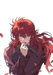  1boy black_shirt chinese_commentary commentary_request flower green_eyes hand_up highres holding holding_flower kurama long_hair long_sleeves looking_at_viewer male_focus mouth_hold petals red_hair rose rose_petals shirt simple_background solo upper_body white_background xiandao1213 yuu_yuu_hakusho 