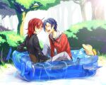  2boys ^_^ ahoge annoyed blue_hair blush closed_eyes couple cyndaquil embarrassed ethan_(pokemon) forest gen_1_pokemon gen_2_pokemon golbat happy in_water jacket laughing looking_at_another mogmahiru multiple_boys nature open_mouth outdoors pants pokemon pokemon_(game) pokemon_hgss pool red_hair short_hair silver_(pokemon) sweatdrop tree wet yaoi 