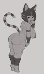 absurd_res animal_crossing ankha_(animal_crossing) anthro areola big_breasts big_butt bodily_fluids breasts butt domestic_cat felid feline felis female hi_res huge_breasts looking_at_viewer looking_back mammal monochrome nintendo nipples rear_view rizdraws solo sweat video_games 
