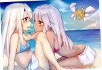  1other 2girls bangs barefoot beach bikini blush border chloe_von_einzbern closed_mouth cloud eyebrows_visible_through_hair fate/kaleid_liner_prisma_illya fate_(series) from_side green_eyes hair_between_eyes ikada_sora illyasviel_von_einzbern knees_up leaning_forward long_hair looking_at_another magical_ruby multiple_girls open_mouth outdoors pleated_skirt red_eyes sidelocks silver_hair skirt sky smile spaghetti_strap stomach_tattoo swimsuit tattoo thighs tongue water white_hair white_skirt 