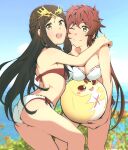  2girls ass back bangs bikini blush breasts fan_la_norne feather_hair hair_ribbon highres hug long_hair looking_at_viewer lora_(xenoblade) multiple_girls navel open_mouth parted_lips red_hair ribbon short_hair simple_background smile swimsuit tomaja_sougou xenoblade_chronicles_(series) xenoblade_chronicles_2 xenoblade_chronicles_2:_torna_-_the_golden_country yellow_eyes 