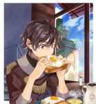  1boy absurdres bird black_eyes black_hair breakfast building coffee eating flower food fried_egg fried_egg_on_toast highres huge_filesize original short_hair solo sonica soup sunny_side_up_egg vase 