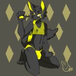  anthro briefs bulge bunnyblanket canid canine canis clothing cropped_jacket genital_outline gesture hi_res kneeling looking_at_viewer male mammal penis_outline pointing pointing_at_self softdiamond solo spread_legs spreading tongue underwear wolf yellow_eyes yellow_tongue 