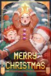  1girl 2boys :o aone_takanobu arms_up beard blush brown_eyes brown_footwear brown_gloves carrying child christmas_tree facial_hair fake_beard fake_facial_hair fingerless_gloves gloves green_headwear haikyuu!! hat highres hinata_natsu hinata_shouyou kohamustoto multiple_boys orange_hair pointy_ears santa_hat short_hair short_twintails siblings smile star_(symbol) sweatdrop twintails twitter_username white_hair 