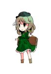  1girl bangs boots brown_footwear card chibi dairi dress eyebrows_visible_through_hair green_dress green_eyes green_hair green_headwear green_sleeves hand_up hat key_necklace long_sleeves open_mouth short_hair simple_background solo standing tachi-e touhou white_background worried yamashiro_takane 