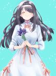  1girl alternate_costume bangs black_hair blue_background blue_dress blush breasts closed_eyes dress eyebrows_behind_hair floating_hair flower hands_together highres holding holding_flower long_hair medium_breasts pocchari purple_flower shimanami_kakino silver_hairband smile solo virtual_kouhou_taishi_project virtual_youtuber 