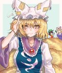 3girls absurdres animal_ears blonde_hair blue_background blush bow bowtie breasts brown_hair cat_ears chen dress fox_ears fox_tail hand_in_hair hat highres large_breasts long_hair looking_at_viewer mob_cap multiple_girls multiple_tails pillow_hat purple_dress purple_eyes red_dress red_eyes short_hair simple_background solo_focus squiggle tabard tail toluda touhou upper_body white_dress white_neckwear yakumo_ran yakumo_yukari yellow_eyes 