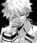 1boy bakugou_katsuki black_background boku_no_hero_academia collared_shirt hand_on_own_face head_rest lapel looking_to_the_side male_focus monochrome one_eye_closed open_collar portrait red_eyes school_uniform serious shirt shoco_(sco_labo) short_hair solo spiked_hair spot_color 