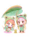  &gt;_&lt; 2girls :d absurdres aqua_hair bangs blush_stickers boots bow chibi eyebrows_visible_through_hair frog frog_raincoat highres holding hololive hololive_english leaf leaf_umbrella long_hair modoki_kuma mori_calliope multicolored_hair multiple_girls musical_note open_mouth orange_hair pink_hair purple_eyes rain raincoat red_eyes rubber_boots smile sparkle squatting takanashi_kiara very_long_hair virtual_youtuber white_background xd 