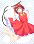  1girl animal_ear_fluff animal_ears bad_feet barefoot bow bowtie brown_eyes brown_hair cat_ears cat_tail chen claw_pose dress gold_trim hands_up highres jewelry kuraaken looking_at_viewer multiple_tails nail_polish nekomata no_hat no_headwear red_dress red_nails short_hair single_earring solo tail touhou two_tails yellow_neckwear 