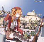  1girl 4boys absurdres argyle asymmetrical_legwear beret black_gloves breasts british canteen circle_a collared_shirt commentary_request fingerless_gloves girls_frontline gloves grifon_&amp;_kryuger ground_vehicle gun hair_between_eyes hat highres jacket lee-enfield long_hair long_sleeves m3_grant medium_breasts military military_uniform military_vehicle motor_vehicle multiple_boys orange_eyes orange_hair outdoors plaid plaid_skirt red_headwear red_jacket rifle shirt sitting skirt sky sling socks soldier sten_gun sten_mk2_(girls_frontline) submachine_gun sweat tank thighhighs twintails uniform weapon white_shirt 