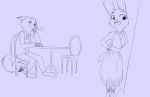  admiring black_and_white canine chair clothing disney dotaluit dress female fox judy_hopps lagomorph line_art male mammal monochrome nick_wilde rabbit sitting table zootopia 