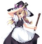  apron blonde_hair broom card fang hat highres holding holding_card kirisame_marisa non-web_source solo spell_card tateha_(marvelous_grace) touhou witch_hat 