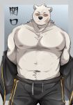  2021 anthro barazoku black_nose bottomwear bulge clothed clothing erection erection_under_clothing eyewear fur genital_outline glasses hi_res kemono koginoro_28 male mammal nipples odd_taxi pants penis_outline polar_bear sekiguchi_(odd_taxi) solo undressing ursid ursine white_body white_fur 