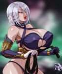 1girl 7th-heaven blue_eyes breasts cleavage collarbone earrings hair_over_one_eye highres huge_breasts isabella_valentine jewelry navel red_lips revealing_clothes soulcalibur stud_earrings tagme upper_body whip white_hair 