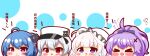  &gt;_&lt; 4girls :d absurdres afterimage ahoge ahoge_wag azur_lane bangs black_bow blue_eyes blue_hair blush bow chibi closed_eyes commentary_request expressive_hair eyebrows_visible_through_hair hair_between_eyes hair_bow hair_ornament hand_up hands_up hat helena_(azur_lane) high_ponytail highres illustrious_(azur_lane) javelin_(azur_lane) kurukurumagical mole mole_under_eye multiple_girls open_mouth ponytail purple_eyes purple_hair red_eyes silver_hair smile sovetskaya_rossiya_(azur_lane) translation_request white_background white_headwear xd 