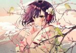 1girl bird branch cloud commentary_request flower from_side green_eyes hair_ornament japanese_clothes kimono mountain multicolored multicolored_eyes orange_eyes original oshio_(dayo) pom_pom_(clothes) profile purple_hair sky solo string string_around_finger upper_body white_kimono 