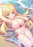  1girl absurdres bikini blonde_hair blush breasts c: cleavage eyebrows_visible_through_hair highres hikotou_(sao73cat) large_breasts looking_at_viewer navel original pink_bikini smile solo stomach swimsuit water 