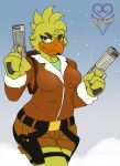  4_fingers alternate_form anthro anthrofied avian beak bird bottomwear breasts chica_(fnaf) chicken clothing cosplay costume digital_media_(artwork) feathers female fingers five_nights_at_freddy&#039;s galliform gallus_(genus) gun jacket lara_croft non-mammal_breasts orange_beak overweight overweight_anthro overweight_female pants phasianid purple_eyes ranged_weapon shorts slightly_chubby smile smirk solo thevgbear thick_thighs tomb_raider topwear video_games weapon wide_hips yellow_body yellow_feathers 