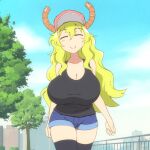  animal_humanoid animated big_breasts bouncing_breasts breasts cleavage clothed clothing dragon dragon_humanoid female flou fully_clothed hat headgear headwear horn huge_breasts humanoid legwear miss_kobayashi&#039;s_dragon_maid quetzalcoatl_(dragon_maid) solo thigh_highs walk_cycle walking wide_hips 