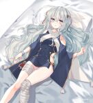  1girl bandaged_leg bandaged_neck bandages bangs bed blood blood_bag blue_eyes blush commentary_request dress girls_frontline hair_between_eyes highres intravenous_drip long_hair looking_at_viewer lying nail_polish on_back pillow ribeyrolles_1918_(girls_frontline) silver_hair solo wavy_hair yeonuh 