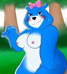  2020 accessory anthro bite biting_lip biting_own_lip blue_body blue_fur blush bodily_fluids breasts charmin charmin_ultra_soft_mom female four-pundo fur gesture hair_accessory hair_bow hair_ribbon hi_res looking_at_viewer mammal mascot motion_blur naughty_face nipples nude outside ribbons self_bite solo suggestive suggestive_gesture sweat ursid wanking_gesture 