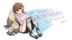  1girl android bangs breasts brown_hair eyebrows_visible_through_hair hair_behind_ear happy_birthday head_tilt highres hololive hood hoodie light_blush looking_at_viewer maco_(yamamac) mechanical_legs medium_breasts pink_hoodie roboco-san robosaa_(roboco) robot smile solo_focus virtual_youtuber 