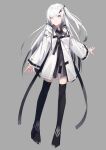  1girl allial_(coefont) black_legwear black_shorts closed_mouth coat coefont_studio grey_background grey_eyes hair_ornament hairclip highres hood hood_down hooded_coat long_hair long_sleeves looking_at_viewer micro_shorts nagishiro_mito one_side_up shorts simple_background solo thighhighs white_coat white_hair 