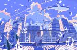  1boy absurdres bubble building cloud cloudy_sky fish highres ichigoame long_sleeves looking_at_viewer moorish_idol original outdoors purple_hair purple_sky purple_theme shirt short_hair sitting sky solo surreal whale white_shirt wide_shot 