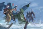  1boy black_hair brown_jumpsuit clenched_hands getter_go getter_robo getter_robo_go ground_vehicle gun highres holding holding_gun holding_weapon ichimonji_gou male_focus mecha mecha_request military military_vehicle motor_vehicle one_knee pointing science_fiction scowl snow submachine_gun super_robot tank vldhomecenter walking weapon yellow_eyes 