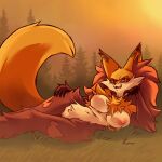  anthro arm_support breasts canid canine chest_tuft delphox draw_me_like_one_of_your_french_girls edit fangs female genitals grass hand_on_hip hi_res inner_ear_fluff leaning_on_elbow looking_at_viewer lying mammal meme nintendo nipples on_side outside plagueofgripes plant pok&eacute;mon pok&eacute;mon_(species) pussy red_eyes solo teeth tree tuft video_games warm_colors 